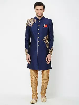 Navy Blue Art Silk Sherwani with Intricate Gold Embroidery for Groom Reception