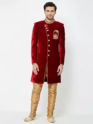 Art Silk Sherwani Set with Intricate Gold Embroidery for Wedding Ceremony