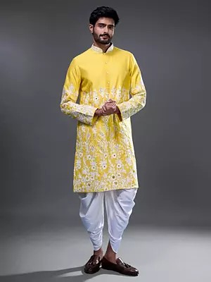 Traditional Silk Kurta Pajama Set with Intricate Embroidery and Mirror Details for Men