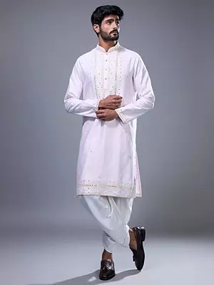 Silk Kurta Pajama Set with Mirror Embellishments for Men