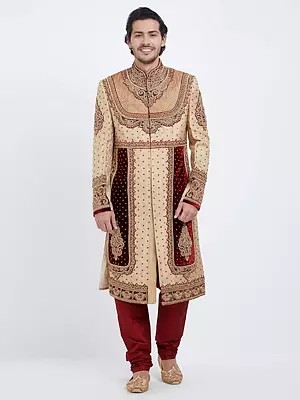Men's Brocade Sherwani with Churidar Pajama - Handwork Designer Wedding Wear