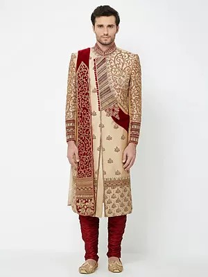 Royal Silk Sherwani for Men: Heavy Embroidery, Handwork Wedding Groom Attire - Indo-Western Style