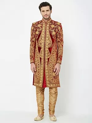 Regal Red Art Silk Sherwani with Handwork Detailing for Groom Reception