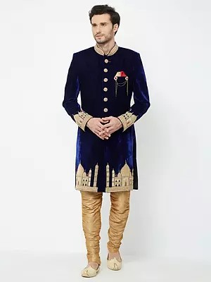 Royal Blue Velvet Sherwani Ensemble with Gold Architectural Embroidery