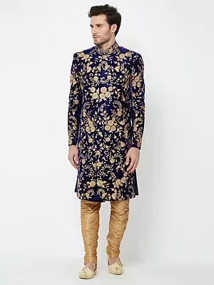 Gold Embroidered Sherwani Ensemble in Art Silk for Grand Celebrations