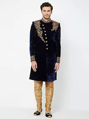 Navy Velvet Sherwani Set with Intricate Gold Embroidery for Grand Wedding Celebrations
