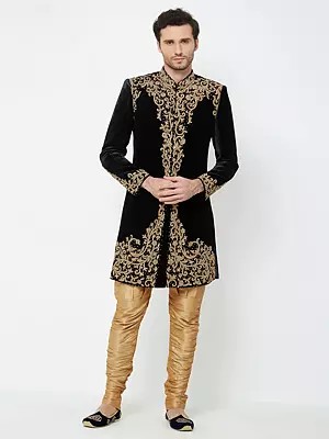 Black Velvet Sherwani Set with Gold Handwork for Grooms & Wedding Occasions