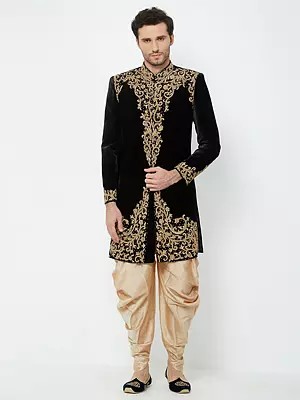 Groom's Velvet Sherwani Set with Detailed Embroidery and Art Silk Patiala
