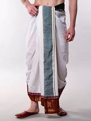 Snow-White Pure Cotton Dhoti with Zari Woven Vaishnava Symbols on Border