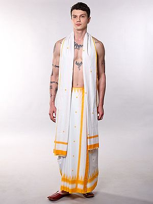 Star-White Cotton Dhoti and Angavastram Set with Printed Bootis & Temple Border
