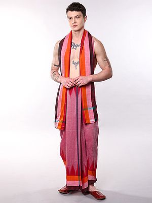 Pure Cotton Dhoti and Angavastram Set from Sambalpur with Woven Temple Border