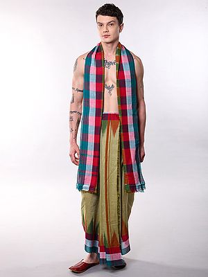 Pure Cotton Dhoti and Angavastram Set from Sambalpur with Woven Temple Border