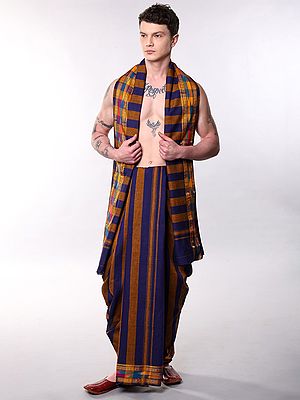 Dual-Color Stripes Woven Dhoti with Angavastram Set and Ikat Weave Rudraksha Border from Sambalpur