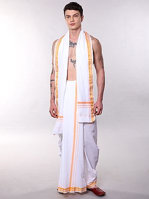 Bright-White Dhoti and Angavastram Set with Temple Rudraksha Border