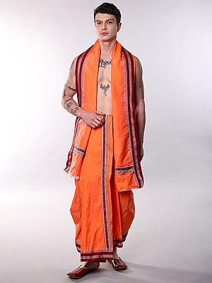 Art Silk Dhoti and Angavastram Set with Woven Temple-Rudraksha Border