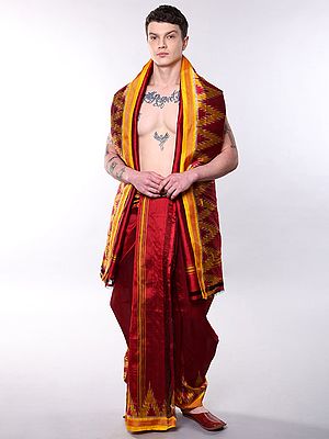Savvy-Red Pure Silk Handloom Drape Dhoti and Angavastram Set with Thread woven Rudraksha & Ikat Temple Border