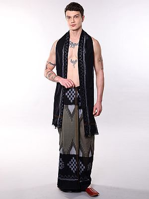Agave-Green Pure Cotton Ikat Dhoti and Angavastram Set with Contrast Black Temple Border