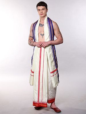 Drape Dhotis with Angavastram Set and Thread woven Temple Border