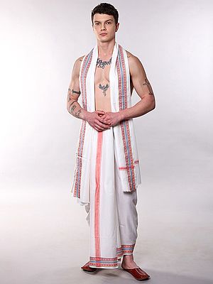 Lucent-White Plain Dhoti and Angavastram Set with Rudraksha Border