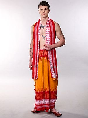 Radiant-Yellow Pure Cotton Sambalpuri Dhoti with Angavastram Set and Contrast Ikat Border