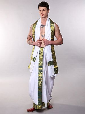 Star-White Dhoti with Angavastram Set and Zari woven Paisley Patch Border from Banaras