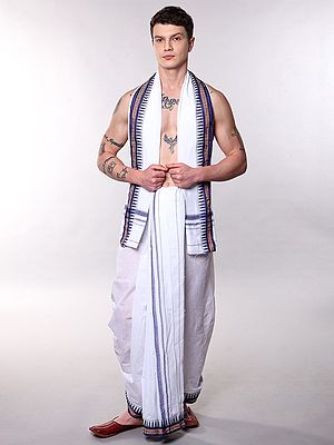Bright-White Cotton Dhoti with Angavastram Set and Contrast Thread woven Temple Border