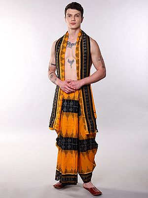 Radiant-Yellow Ikat Woven Sambalpuri Pure Cotton Dhoti with Angavastram Set