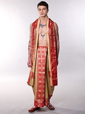 Frosted-Almond Art Silk Ikat Temple Border Dhoti with Angavastram Set and Zari Thread Work