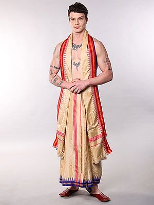 Art Silk Dhoti and Angavastram Set with Contrast Dual Color Temple Border