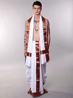 Lucent-White Dhoti with Angavastram Set from Banaras with Copper Colored Thread Woven Paisley Patch Border