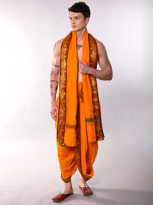 Orange-Peel Ready to Wear Dhoti and Angavastram Set with Thread woven Lotus Border