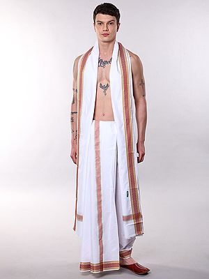 Lucent-White Cotton Dhoti and Angavastram Set with Multi Thread woven Border