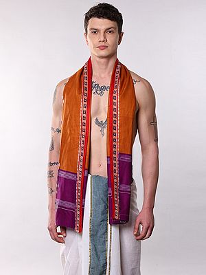 Peach-Caramel Cotton Angavastram with Ikat Print and Contrast Border