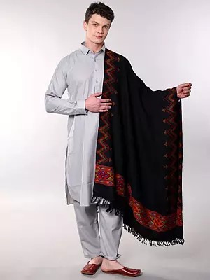 Mens Black Wool Shawl with Traditional Woven Border