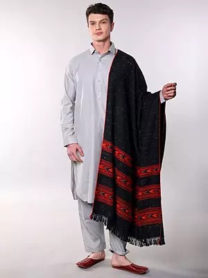 Men's Yak Wool Shawl with Multicolor Kinnauri Border