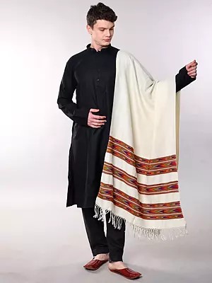 Cannoli-Cream Wool Stole with Kinnauri Woven Triple Border