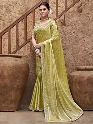 Wild-Rice Satin Silk Hand Embroidery And Sequins Work Solid Designer Saree