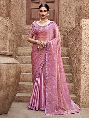 Light-Thulian-Pink Attractive Hand Embroidery Work Border Satin Silk Saree With Blouse