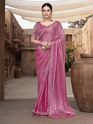 Deep-Blush Satin Silk Fancy Hand Embroidery Work Party Wear Saree With Matching Blouse