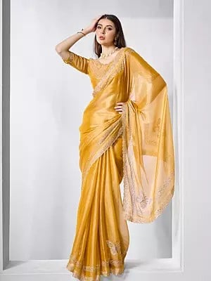 Yellowish-Orange Sequins Work Border Designe Party Wear Burberry Silk Saree With Blouse