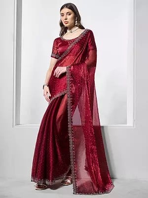 Red-Wine Embellished Small Stone Work Designer Burberry Silk Party Wear Saree With Blouse