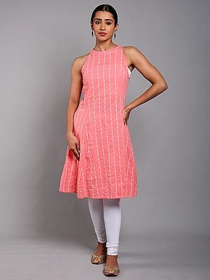 Cotton Sleeveless Straight Kurti with Woven Pattern and Side Pockets