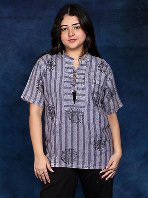 Cotton Short Kurti with Printed Auspicious Symbols of Hinduism and Front Pocket