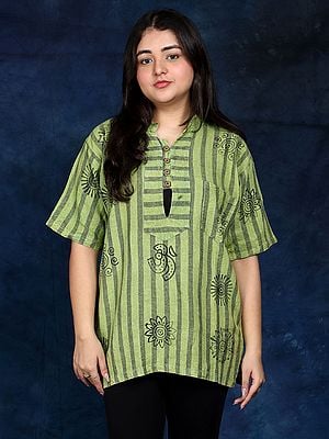 Cotton Short Kurti with Printed Auspicious Symbols of Hinduism and Front Pocket