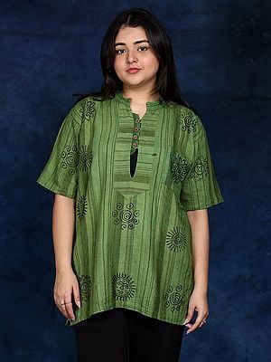 Printed Hindu Religious Symbols Short Kurti with Pinstripe Pattern