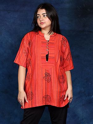 Printed Hindu Religious Symbols Short Kurti with Pinstripe Pattern