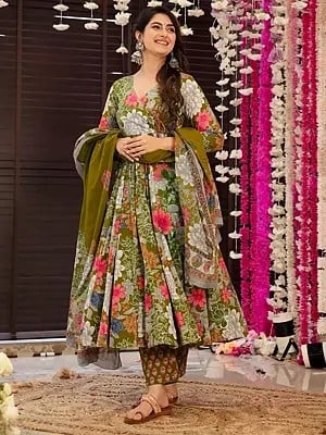 Greeny-Brown Fully Flared Heavy Digital Printed Pure Muslin Anarkali Style Kurti And Bottom With Dupatta