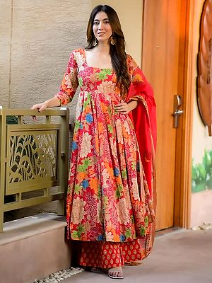 Watermelon-Pink Heavy Digital Printed Anarkali Style Fully Flared Pure Muslin Kurti And Bottom With Dupatta