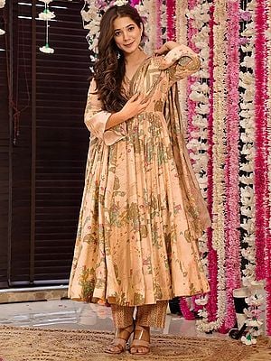 Light-Apricot Heavy Digital Printed Anarkali Style Fully Flared Pure Muslin Kurti And Bottom With Dupatta