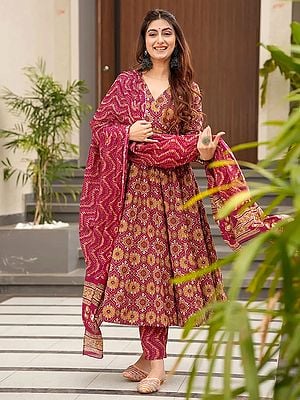 Deep-Rose Fully Flared Anarkali Style Heavy Digital Printed Pure Muslin Kurti And Bottom With Dupatta